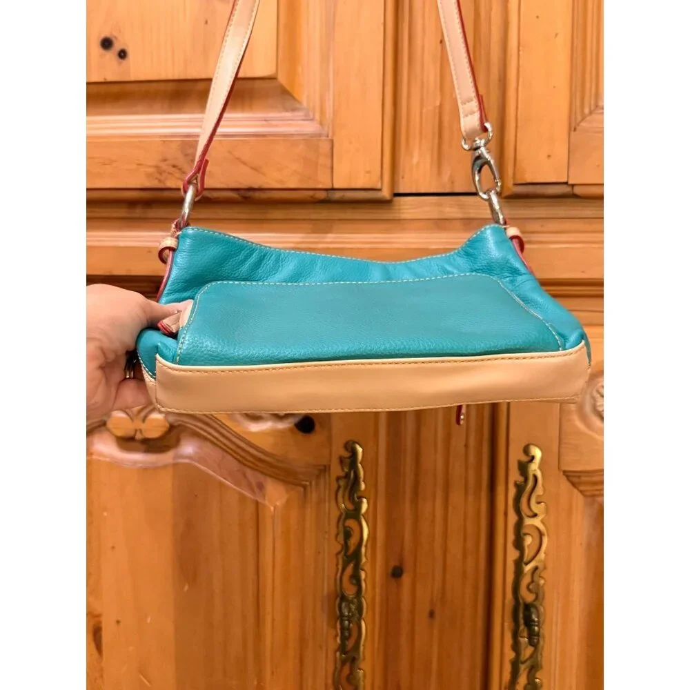 Tignanello Turquoise & Beige Pebbled Leather Convertible Bag W Front‎ Pocket Adj